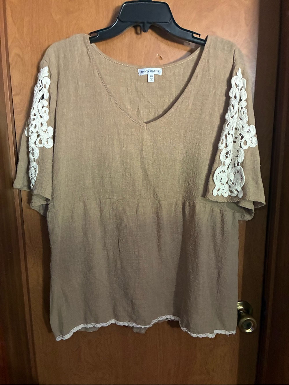 Roommates Tan Top with Cream Crochet Sleeve Accents